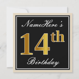 Invitation Elégant, Noir, Faux Or 14ème Anniversaire + Nom