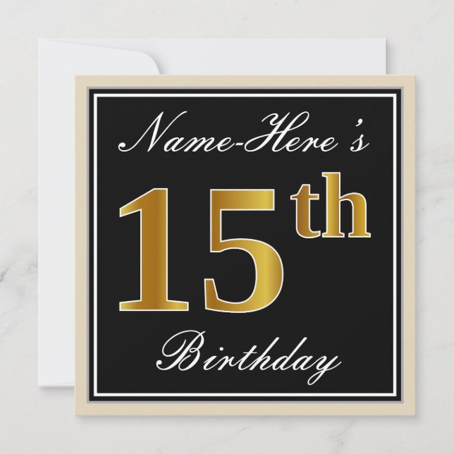 Invitation Elégant, Noir, Faux Or 15ème Anniversaire + Nom (Devant)