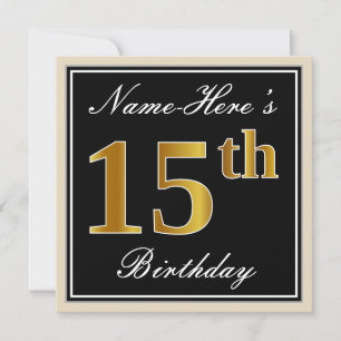 Invitation Elégant, Noir, Faux Or 15ème Anniversaire + Nom