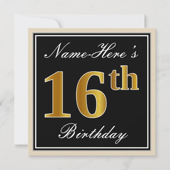Invitation Elégant, Noir, Faux Or 16ème Anniversaire + Nom (Devant)