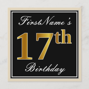 Invitation Elégant, Noir, Faux Or 17ème Anniversaire + Nom