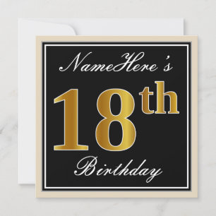 Invitation Elégant, Noir, Faux Or 18ème Anniversaire + Nom