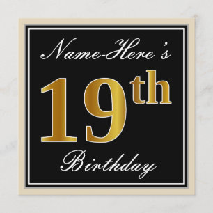 Invitation Elégant, Noir, Faux Or 19ème Anniversaire + Nom