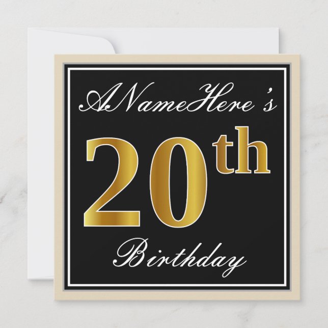 Invitation Elégant, Noir, Faux Or 20ème Anniversaire + Nom (Devant)