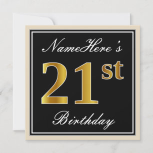 Invitation Elégant, Noir, Faux Or 21ème Anniversaire + Nom