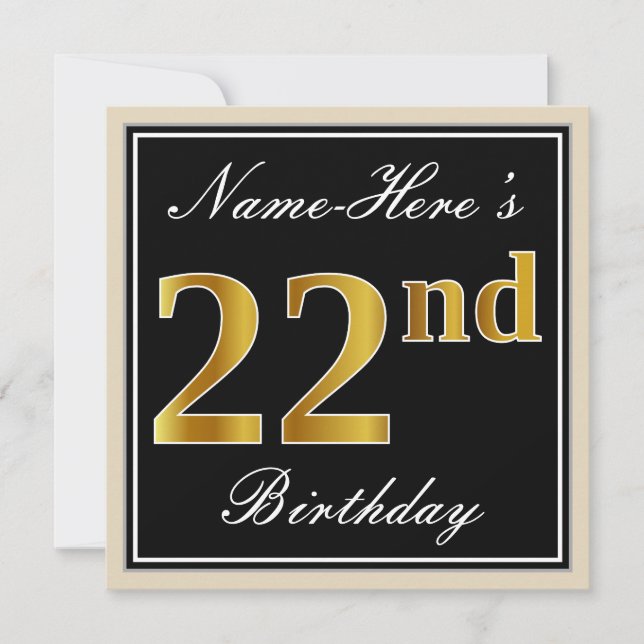 Invitation Elégant, Noir, Faux Or 22ème Anniversaire + Nom (Devant)