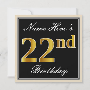 Invitation Elégant, Noir, Faux Or 22ème Anniversaire + Nom