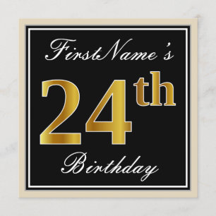 Invitation Elégant, Noir, Faux Or 24ème Anniversaire + Nom