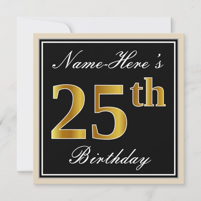 Invitation Elégant, Noir, Faux Or 25ème Anniversaire + Nom (Devant)