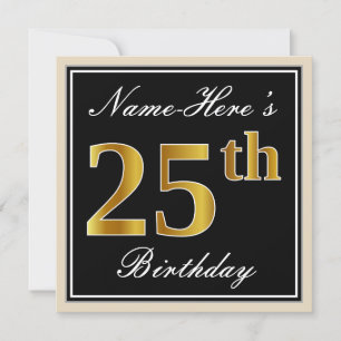 Invitation Elégant, Noir, Faux Or 25ème Anniversaire + Nom