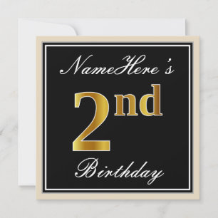 Invitation Elégant, Noir, Faux Or 2ème Anniversaire + Nom