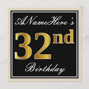 Invitation Elégant, Noir, Faux Or 32ème Anniversaire + Nom