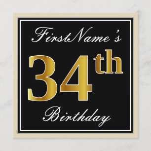Invitation Elégant, Noir, Faux Or 34ème Anniversaire + Nom