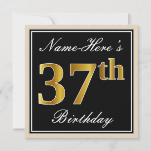 Invitation Elégant, Noir, Faux Or 37ème Anniversaire + Nom