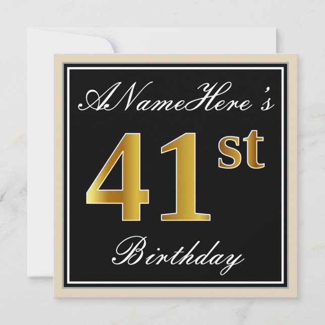 Invitation Elégant, Noir, Faux Or 41ème Anniversaire + Nom (Devant)