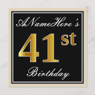 Invitation Elégant, Noir, Faux Or 41ème Anniversaire + Nom