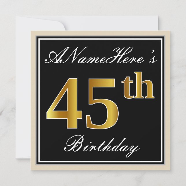 Invitation Elégant, Noir, Faux Or 45ème Anniversaire + Nom (Devant)