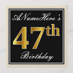 Invitation Elégant, Noir, Faux Or 47ème Anniversaire + Nom