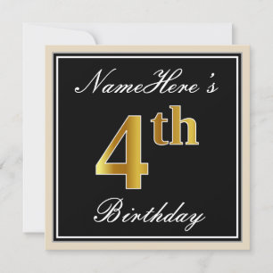 Invitation Elégant, Noir, Faux Or 4ème Anniversaire + Nom