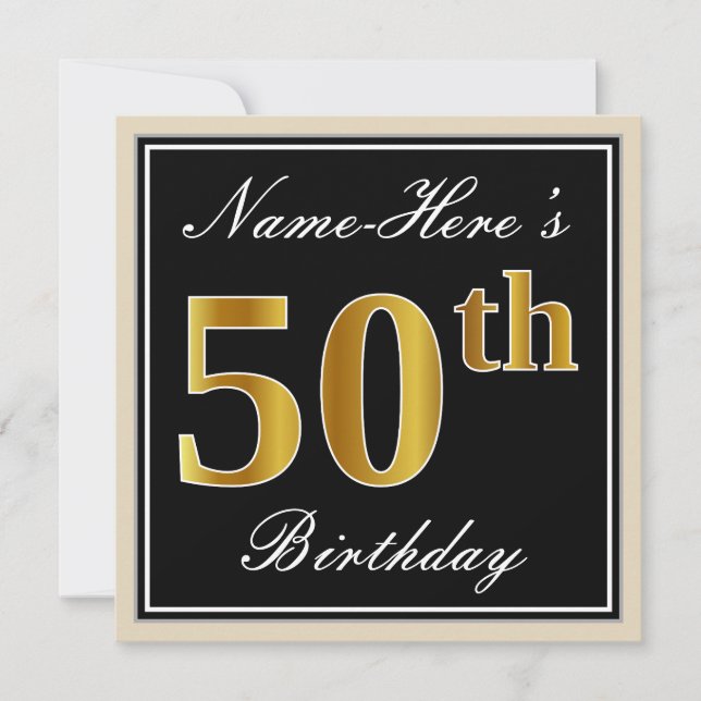 Invitation Elégant, Noir, Faux Or 50ème Anniversaire + Nom (Devant)