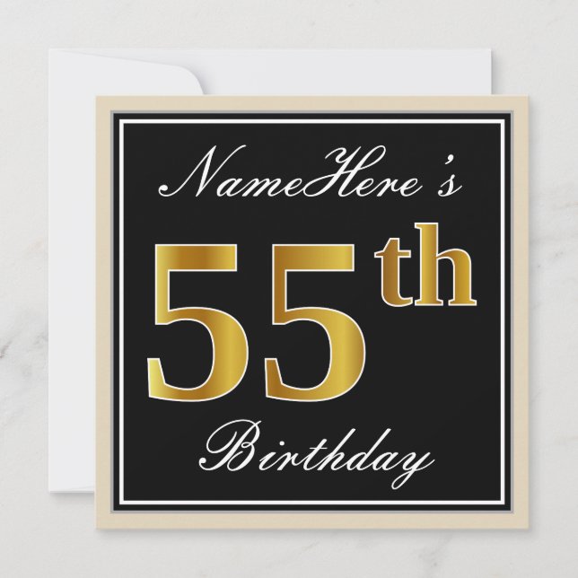 Invitation Elégant, Noir, Faux Or 55ème Anniversaire + Nom (Devant)