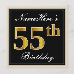 Invitation Elégant, Noir, Faux Or 55ème Anniversaire + Nom