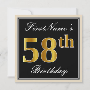 Invitation Elégant, Noir, Faux Or 58ème Anniversaire + Nom