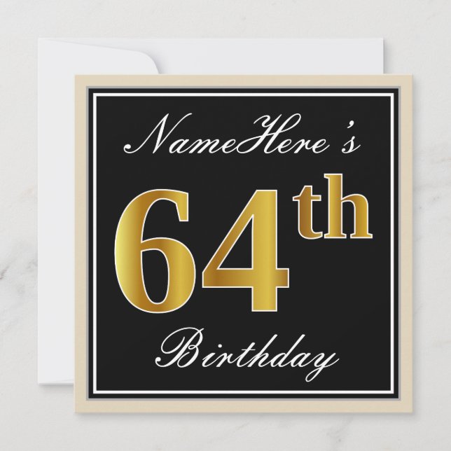 Invitation Elégant, Noir, Faux Or 64ème Anniversaire + Nom (Devant)