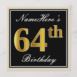 Invitation Elégant, Noir, Faux Or 64ème Anniversaire + Nom