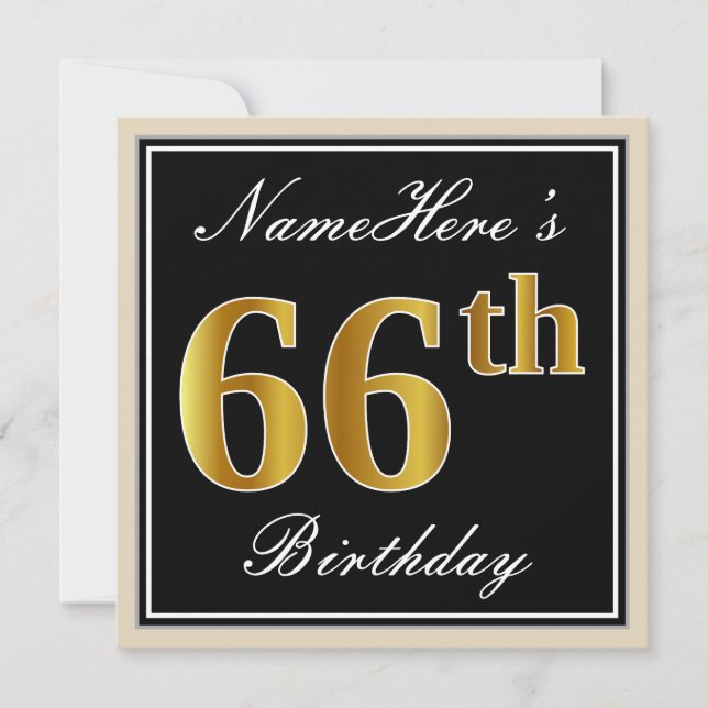 Invitation Elégant, noir, Faux Or 66e anniversaire + Nom (Devant)