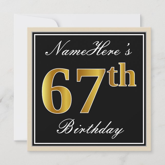 Invitation Elégant, Noir, Faux Or 67ème Anniversaire + Nom (Devant)