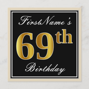 Invitation Elégant, Noir, Faux Or 69ème Anniversaire + Nom