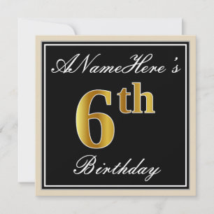 Invitation Elégant, Noir, Faux Or 6ème anniversaire + Nom