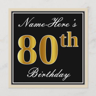 Invitation Elégant, Noir, Faux Or 80ème Anniversaire + Nom