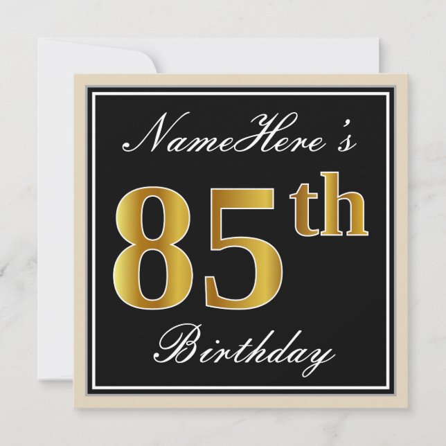 Invitation Elégant, Noir, Faux Or 85ème Anniversaire + Nom (Devant)