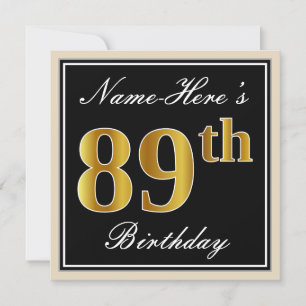 Invitation Elégant, Noir, Faux Or 89ème Anniversaire + Nom