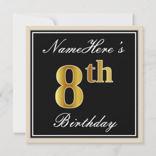 Invitation Elégant, Noir, Faux Or 8ème anniversaire + Nom