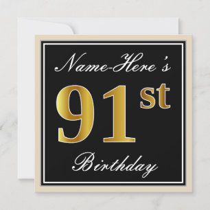 Invitation Elégant, Noir, Faux Or 91ème Anniversaire + Nom