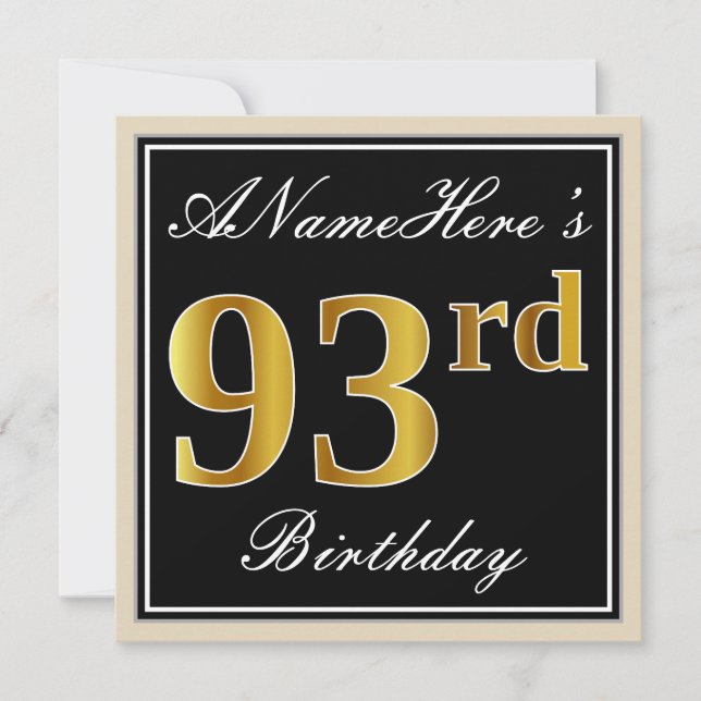 Invitation Elégant, Noir, Faux Or 93ème Anniversaire + Nom (Devant)
