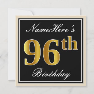 Invitation Elégant, Noir, Faux Or 96ème Anniversaire + Nom