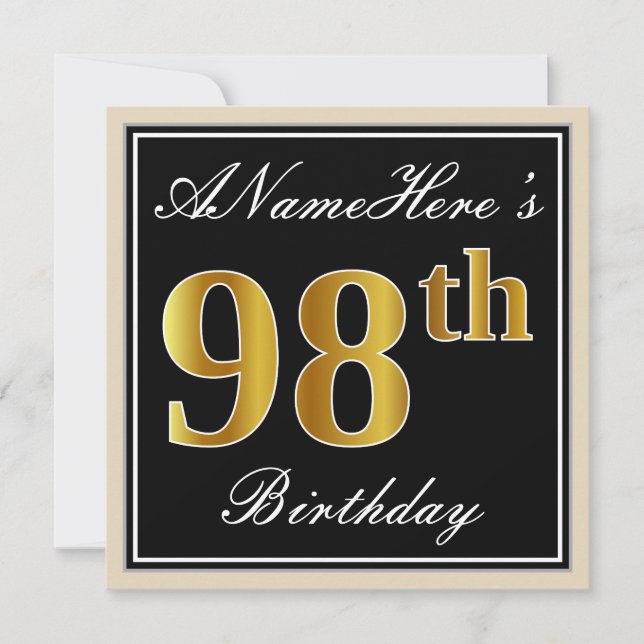 Invitation Elégant, Noir, Faux Or 98ème Anniversaire + Nom (Devant)