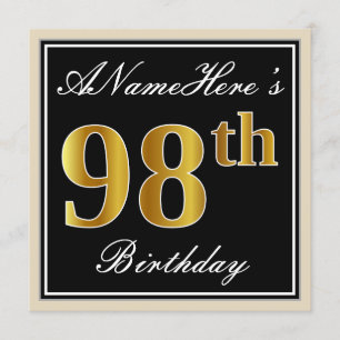 Invitation Elégant, Noir, Faux Or 98ème Anniversaire + Nom