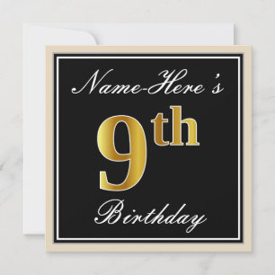 Invitation Elégant, Noir, Faux Or 9ème Anniversaire + Nom