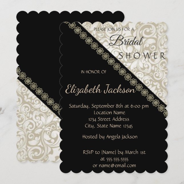Invitation Elégant noir, Fête des mariées Damas (Devant / Derrière)