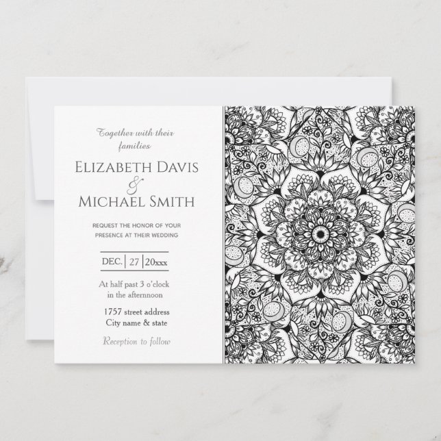 Invitation Elégant Noir Floral Mandala Blanc Design (Devant)