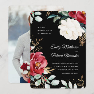 Invitation Élégant noir floral Mariage photo de Noël
