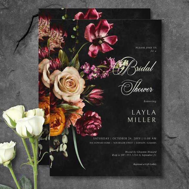 Invitation Elégant noir foncé automne Fête des mariées floral (Dark Elegant Black Autumn Floral Bridal Shower Invitation)