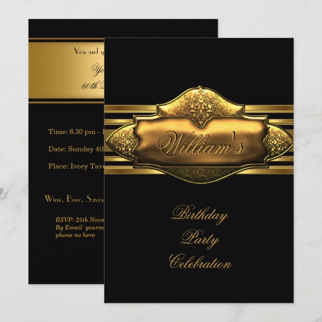 Invitation Élégant Noir Gold Anniversaire Hommes 60e (Devant / Derrière)