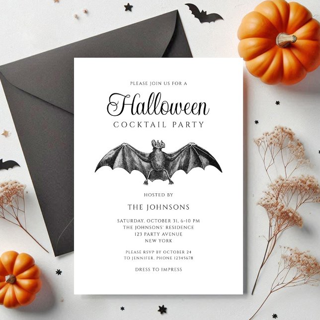 Invitation Élégant Noir Gothique Bat Cocktail Fête Halloween (Elegant Black Gothic Bat Cocktail Party Halloween Invitation)