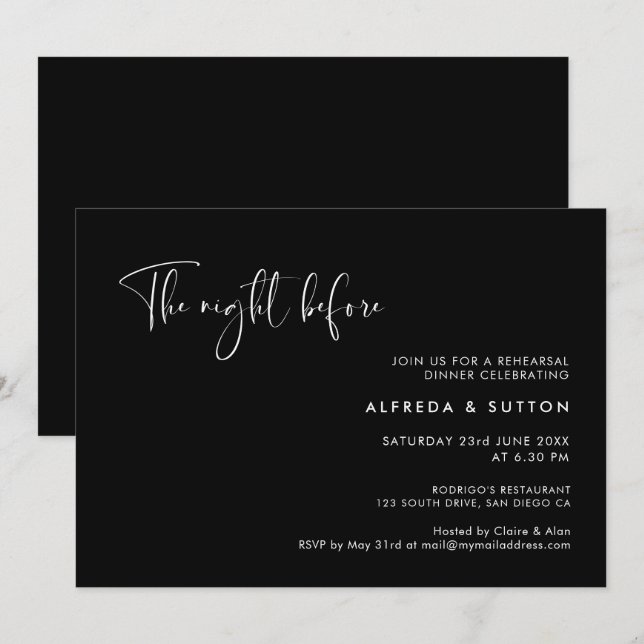 Invitation Élégant noir La nuit avant le dîner de répétition (Devant / Derrière)
